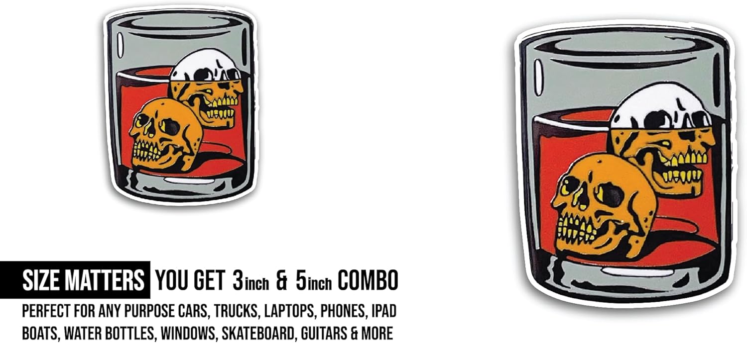 2 (Pieces) 3" and 5" Skull in A Glass Sticker, Waterproof Vinyl Decals for Many Purpose Like Cars, Trucks, Laptops, Phones, Windows and More