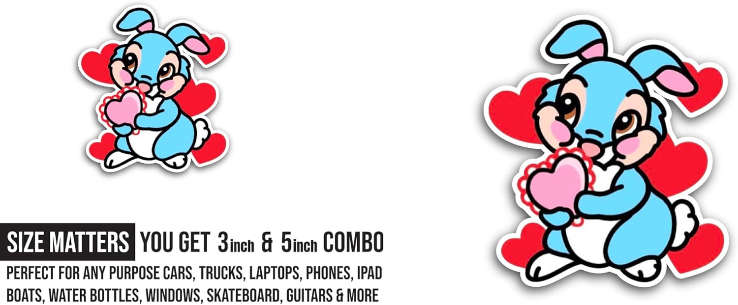 2 (Pieces) 3" and 5" Bunny Cartoon Sticker, Waterproof Vinyl Decals for Many Purpose Like Cars, Trucks, Laptops, Phones, Windows and More