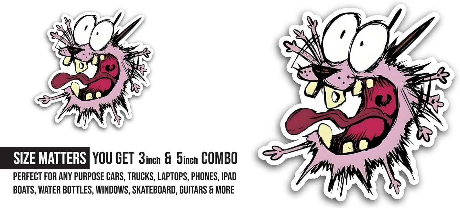 2 (Pieces) 3" and 5" Courage The C0wardly Dog Sticker, Waterproof Vinyl Decals for Many Purpose Like Cars, Trucks, Laptops, Phones, Windows and More