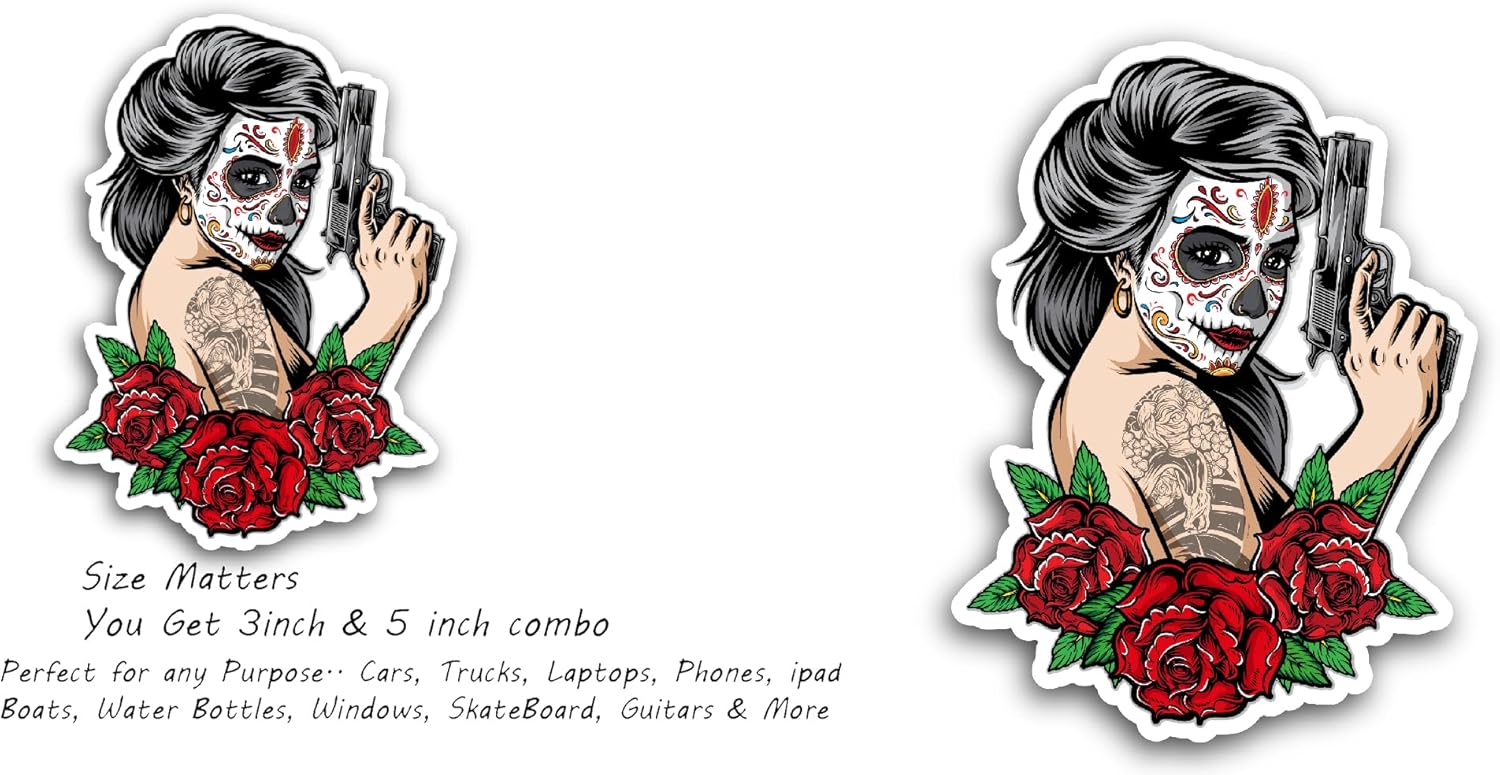 2 (Pieces) 3" and 5" Sugar Skull Decals Sticker, Waterproof Vinyl Decals for Many Purpose Like Cars, Trucks, Laptops, Phones, Windows and More