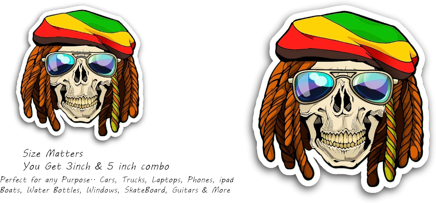2 (Pieces) 3" and 5" Rastafarian Skull Decal Sticker, Waterproof Vinyl Decals for Many Purpose Like Cars, Trucks, Laptops, Phones, Windows and More