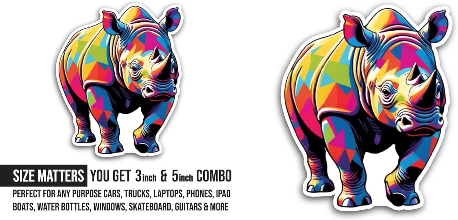 2 (Pieces) 3" and 5" Brightly Colored Rhino Sticker, Waterproof Vinyl Decals for Many Purpose Like Cars, Trucks, Laptops, Phones, Windows and More