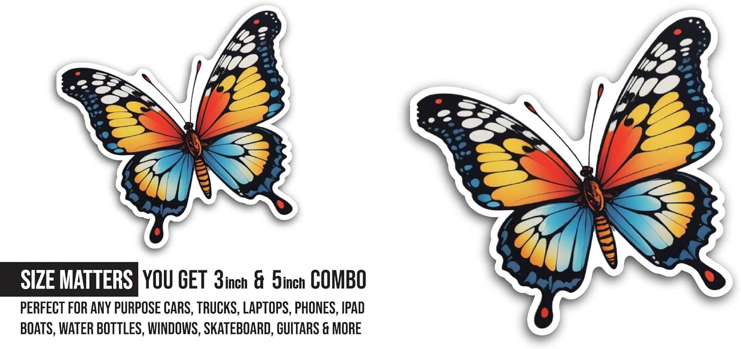 2 (Pieces) 3" and 5" Butterfly with Colorful Wings Sticker, Waterproof Vinyl Decals for Many Purpose Like Cars, Trucks, Laptops, Phones, Windows and More