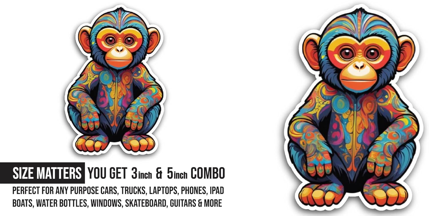 2 (Pieces) 3" and 5" Cute Colorful Monkey Sticker, Waterproof Vinyl Decals for Many Purpose Like Cars, Trucks, Laptops, Phones, Windows and More