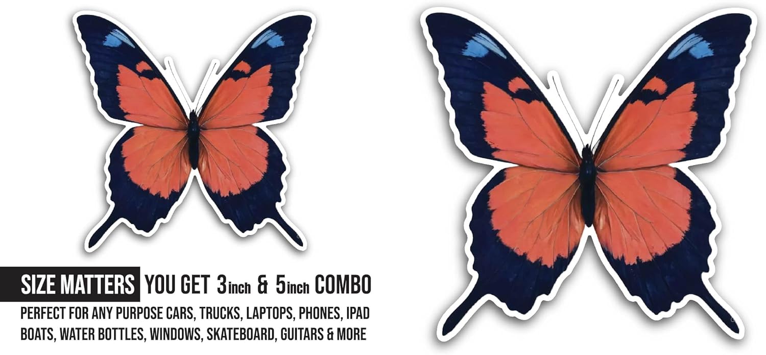 2 (Pieces) 3" and 5" Red and Black Butterfly Sticker, Waterproof Vinyl Decals for Many Purpose Like Cars, Trucks, Laptops, Phones, Windows and More
