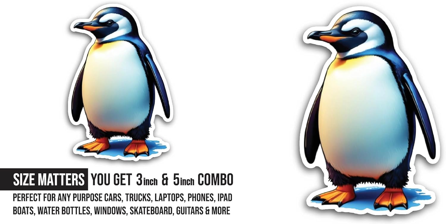 2 (Pieces) 3" and 5" Cartoon Penguin Sticker, Waterproof Vinyl Decals for Many Purpose Like Cars, Trucks, Laptops, Phones, Windows and More