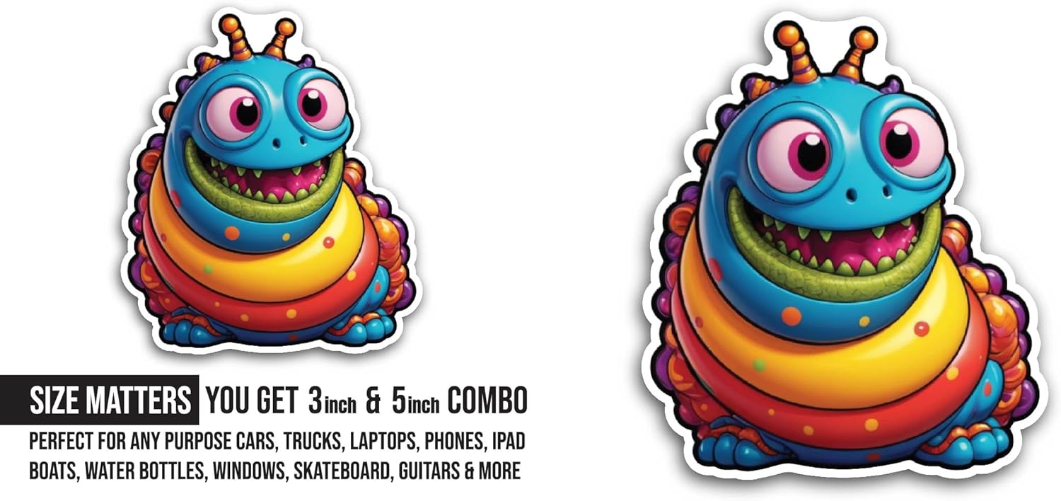 2 (Pieces) 3" and 5" Colorful Worm Sticker, Waterproof Vinyl Decals for Many Purpose Like Cars, Trucks, Laptops, Phones, Windows and More
