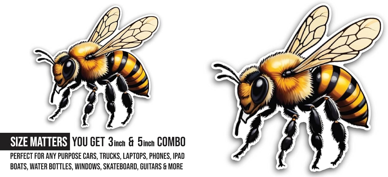 2 (Pieces) 3" and 5" Bee Sticker, Waterproof Vinyl Decals for Many Purpose Like Cars, Trucks, Laptops, Phones, Windows and More