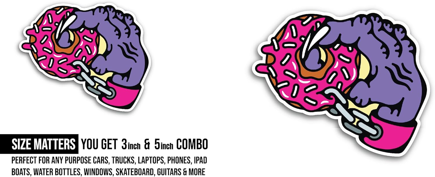 2 (Pieces) 3" and 5" Doughnut with Hand Sticker, Waterproof Vinyl Decals for Many Purpose Like Cars, Trucks, Laptops, Phones, Windows and More