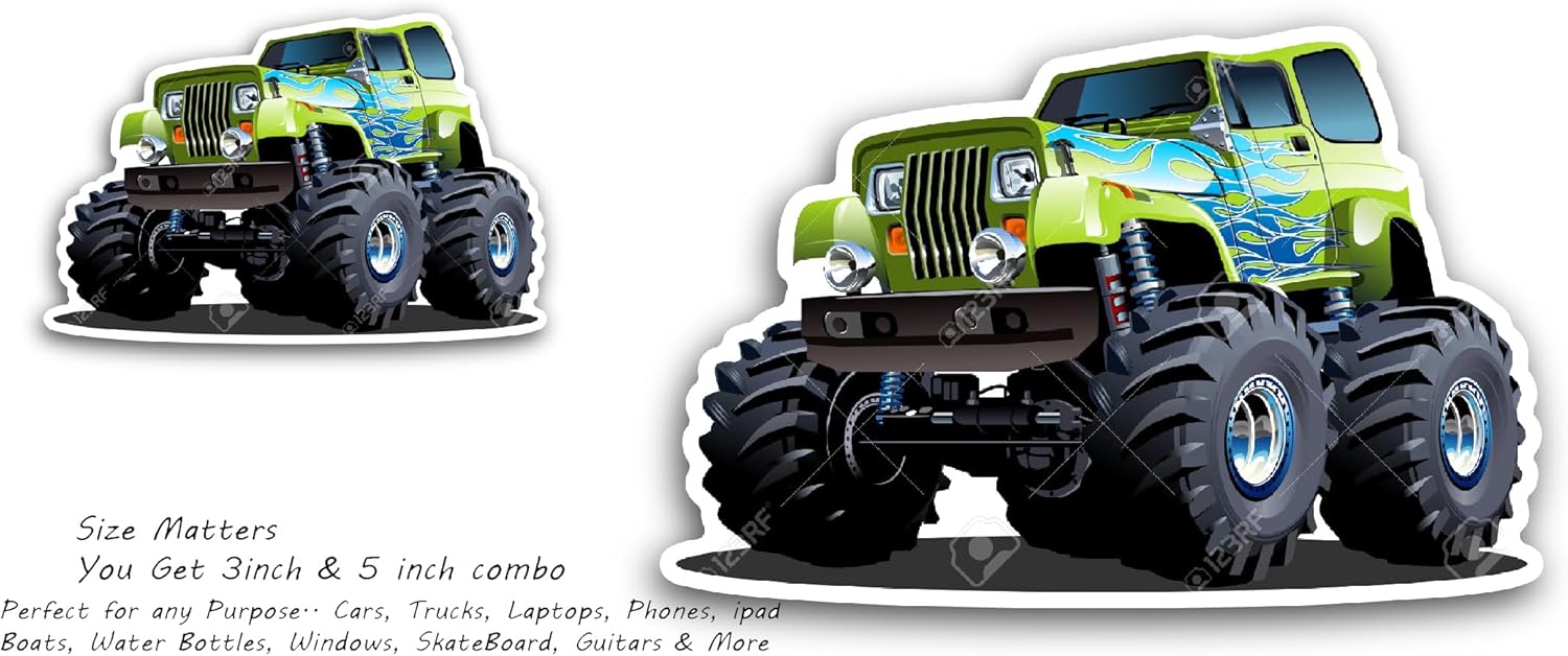 2 (Pieces) 3" and 5" Cartoon Green Monster Truck Sticker, Waterproof Vinyl Decals for Many Purpose Like Cars, Trucks, Laptops, Phones, Windows and More