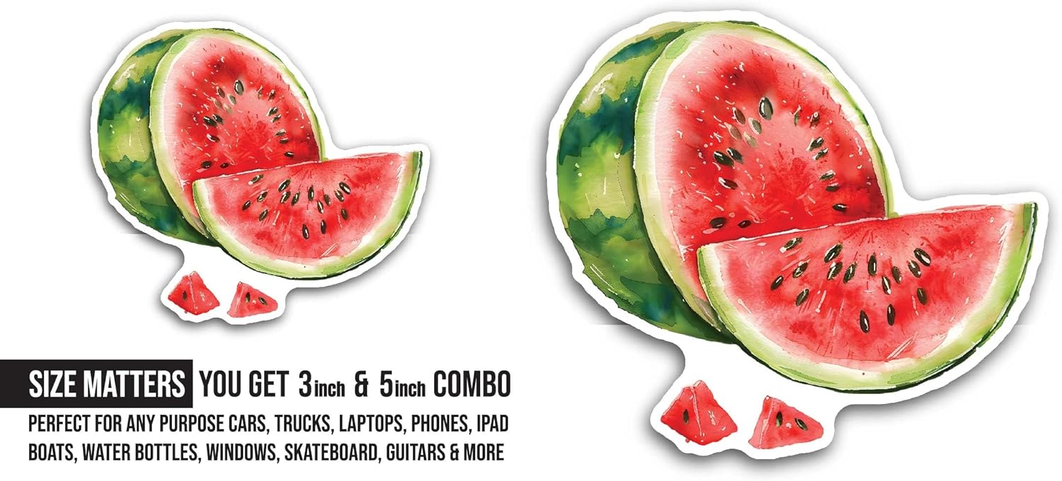 2 (Pieces) 3" and 5" Watermelon Sticker, Waterproof Vinyl Decals for Many Purpose Like Cars, Trucks, Laptops, Phones, Windows and More