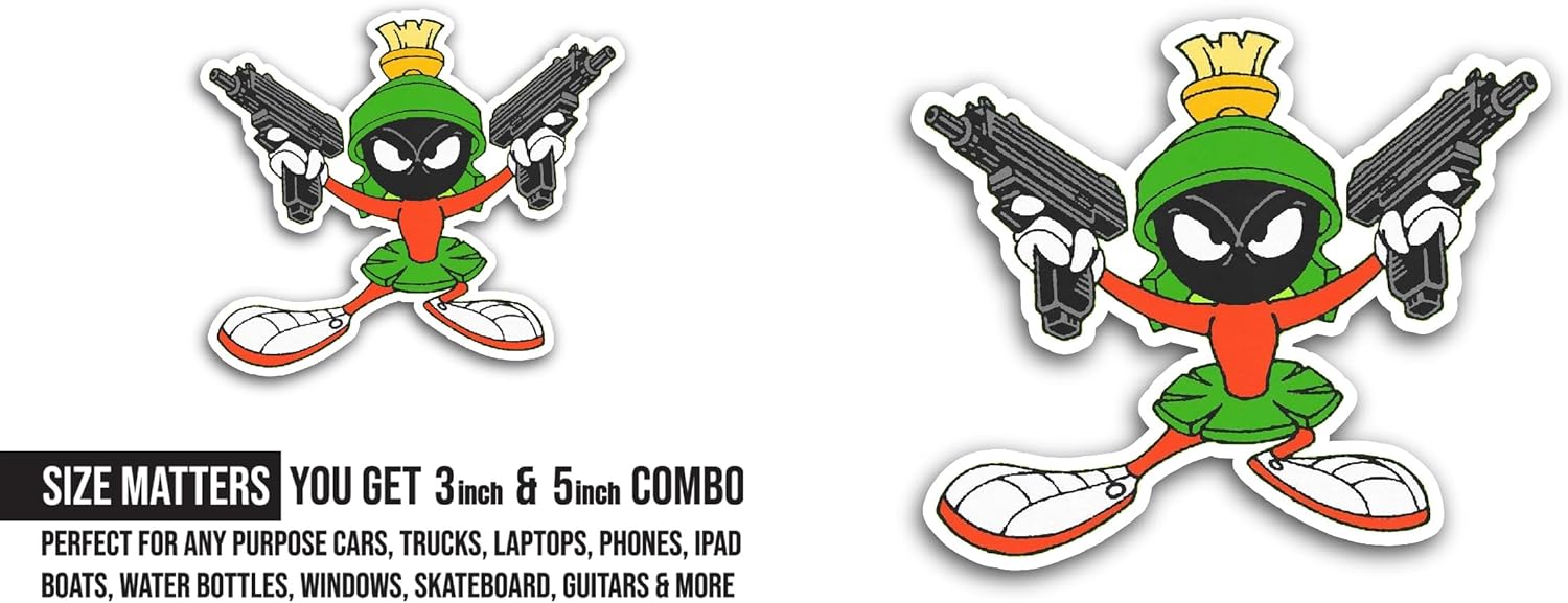 2 (Pieces) 3" and 5" Cartoon Character with Guns Sticker, Waterproof Vinyl Decals for Many Purpose Like Cars, Trucks, Laptops, Phones, Windows and More
