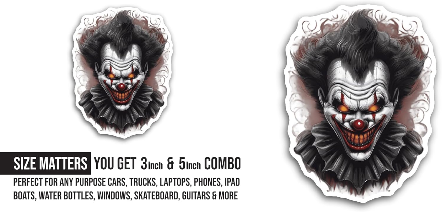 2 (Pieces) 3" and 5" Halloween Clown Sticker, Waterproof Vinyl Decals for Many Purpose Like Cars, Trucks, Laptops, Phones, Windows and More