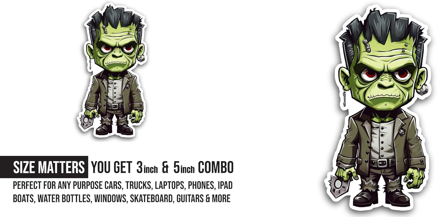 2 (Pieces) 3" and 5" Green Cartoon Zombie Sticker, Waterproof Vinyl Decals for Many Purpose Like Cars, Trucks, Laptops, Phones, Windows and More