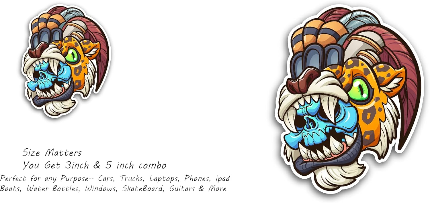 2 (Pieces) 3" and 5" Tiger with Demon Mask Sticker, Waterproof Vinyl Decals for Many Purpose Like Cars, Trucks, Laptops, Phones, Windows and More
