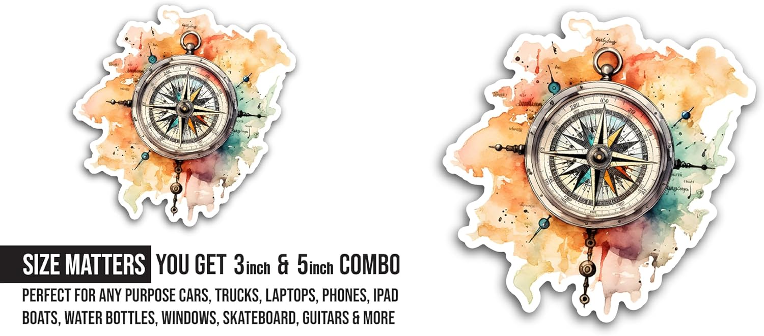 2 (Pieces) 3" and 5" Compass On A Orange Background Sticker, Waterproof Vinyl Decals for Many Purpose Like Cars, Trucks, Laptops, Phones, Windows and More