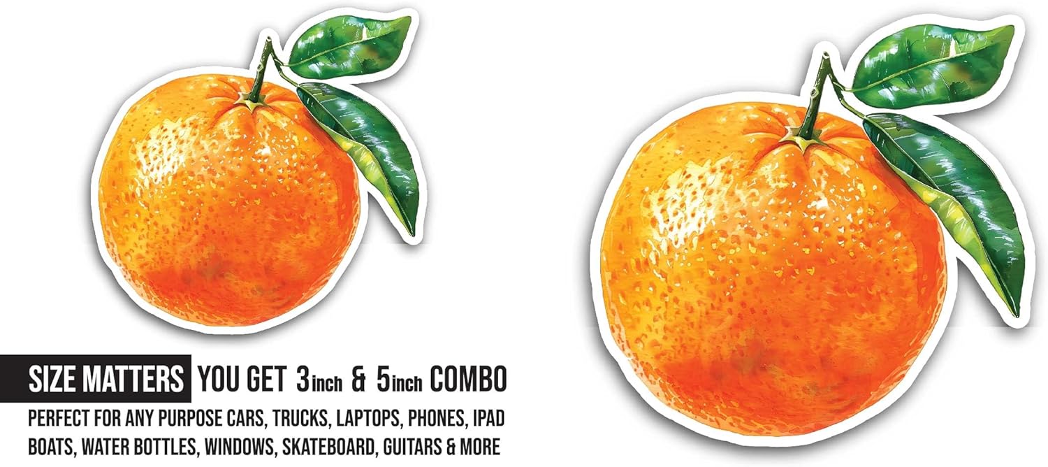 2 (Pieces) 3" and 5" Orange Fruit Sticker, Waterproof Vinyl Decals for Many Purpose Like Cars, Trucks, Laptops, Phones, Windows and More