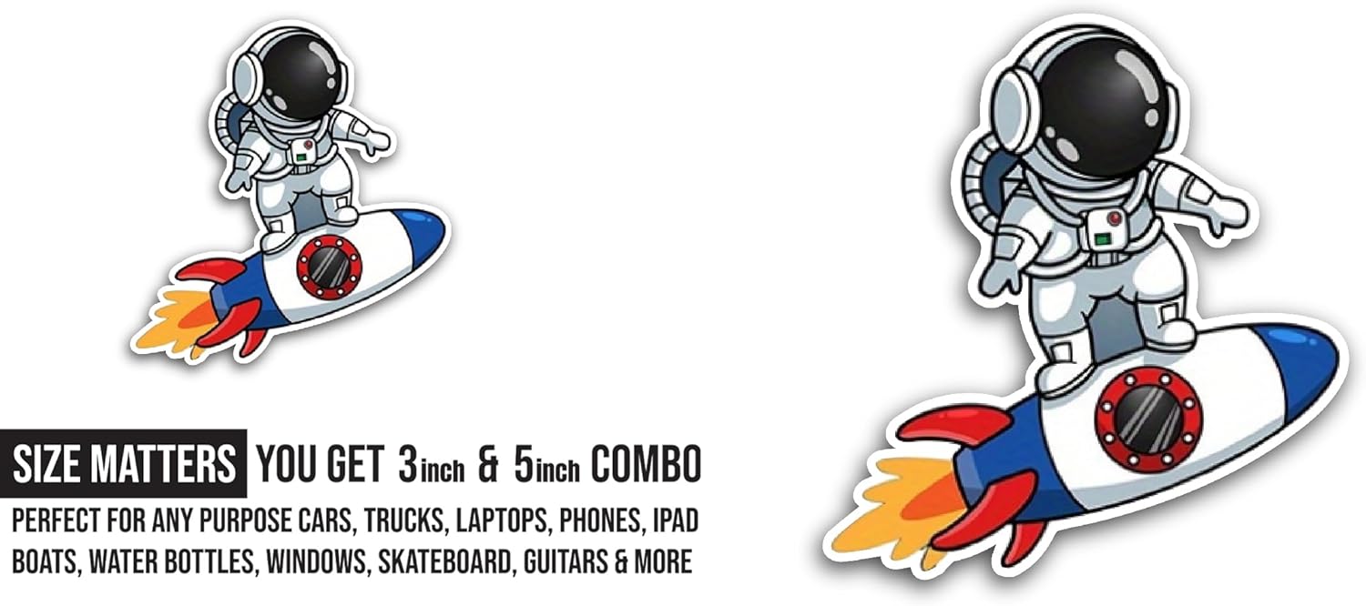 2 (Pieces) 3" and 5" Astronaut Skating On Rocket Sticker, Waterproof Vinyl Decals for Many Purpose Like Cars, Trucks, Laptops, Phones, Windows and More