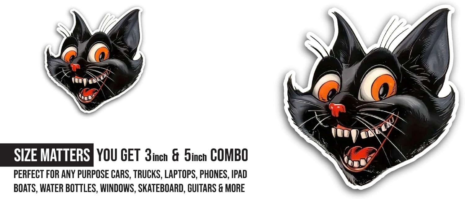 2 (Pieces) 3" and 5" Angry Black Cat Sticker, Waterproof Vinyl Decals for Many Purpose Like Cars, Trucks, Laptops, Phones, Windows and More