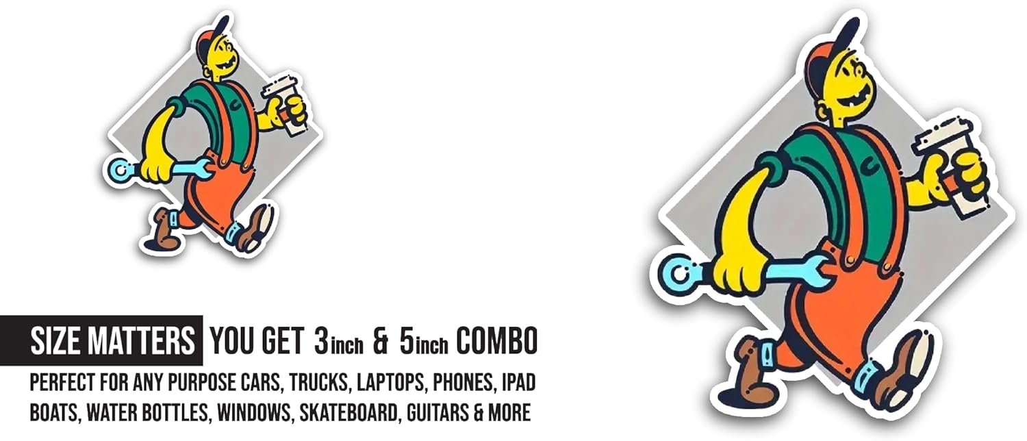 2 (Pieces) 3" and 5" Cartoon Mechanic Sticker, Waterproof Vinyl Decals for Many Purpose Like Cars, Trucks, Laptops, Phones, Windows and More