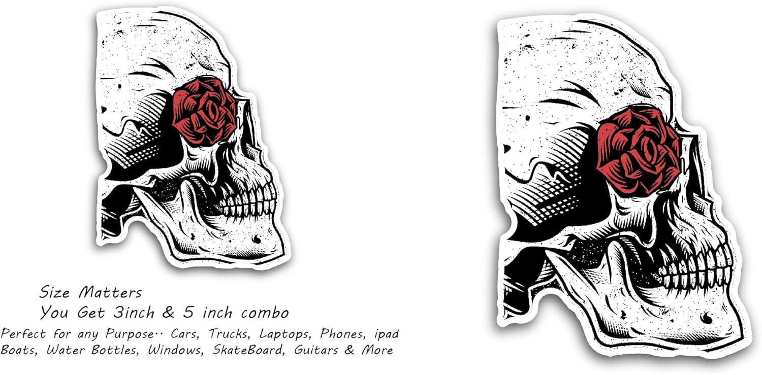2 (Pieces) 3" and 5" Rose Eye Skull Sticker, Waterproof Vinyl Decals for Many Purpose Like Cars, Trucks, Laptops, Phones, Windows and More