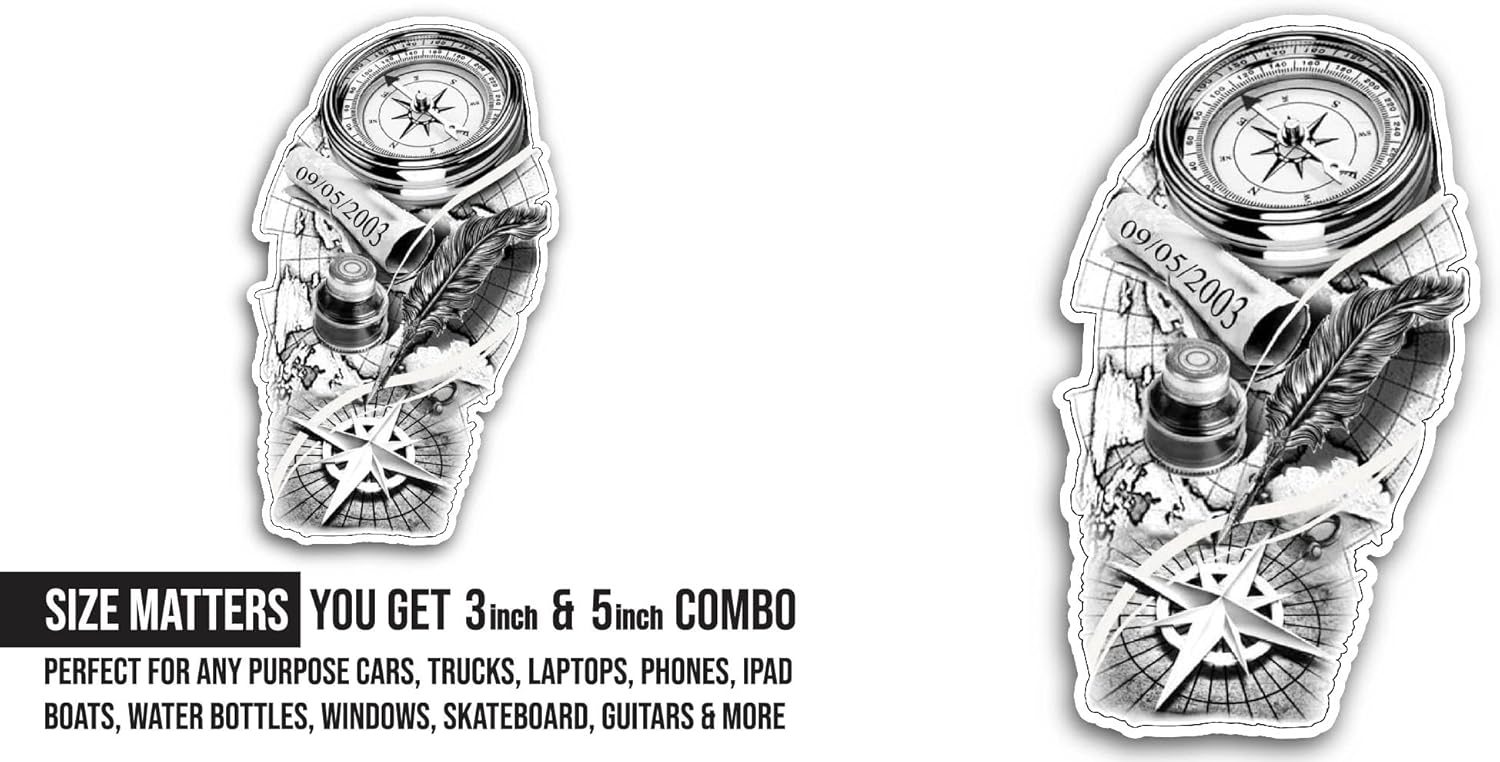 2 (Pieces) 3" and 5" Compass and Feather Sticker, Waterproof Vinyl Decals for Many Purpose Like Cars, Trucks, Laptops, Phones, Windows and More
