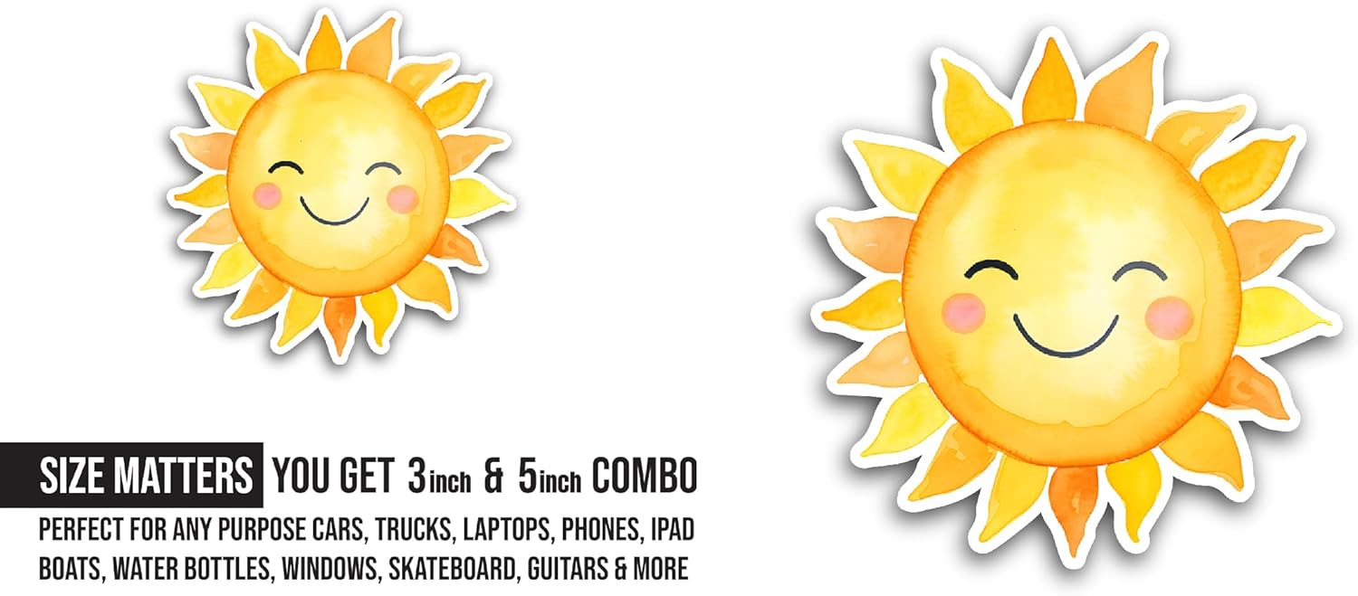 2 (Pieces) 3" and 5" Happy Face Sun Risen Sticker, Waterproof Vinyl Decals for Many Purpose Like Cars, Trucks, Laptops, Phones, Windows and More
