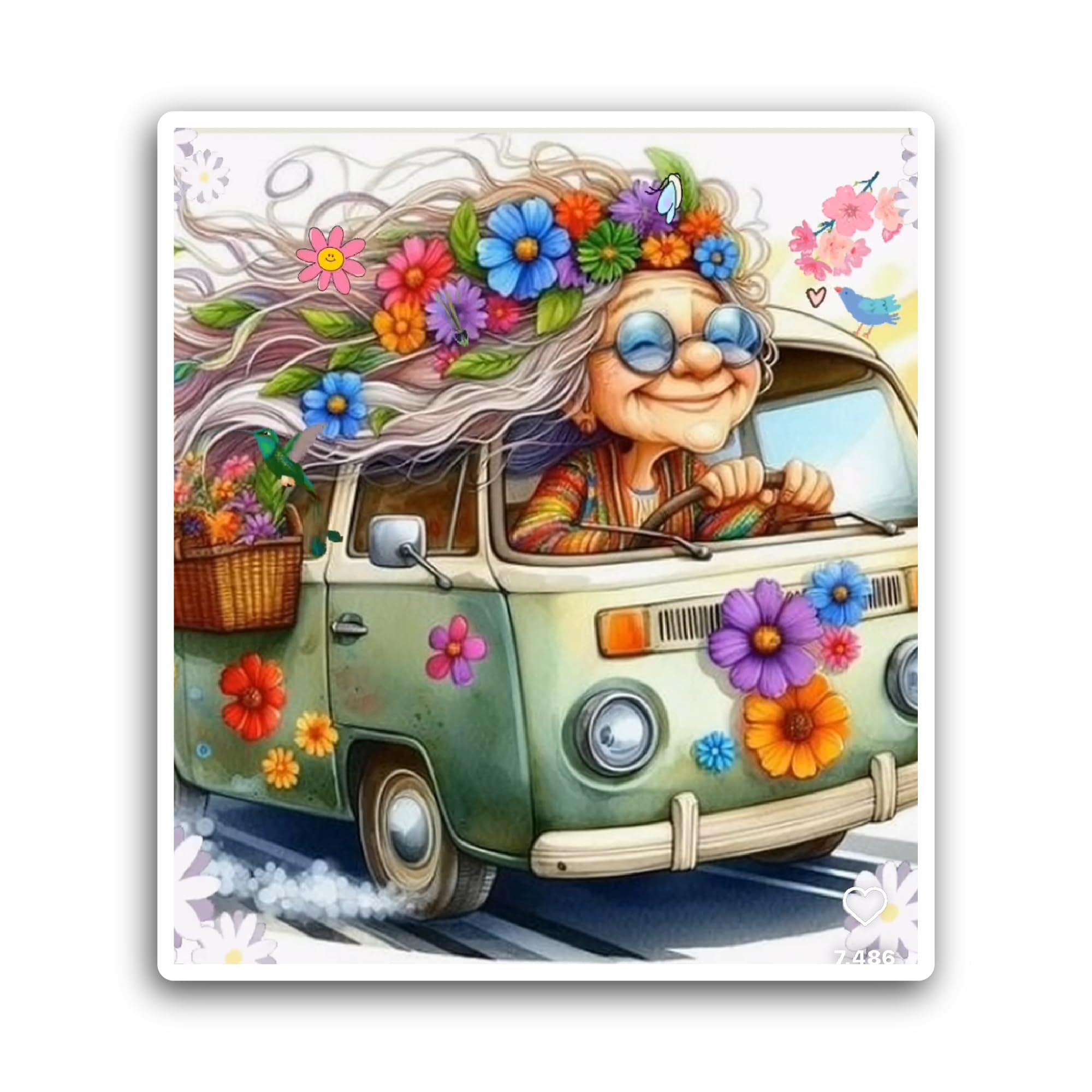 2 (Pieces) 3" and 5" Old Bus with Flowers Sticker, Waterproof Vinyl Decals for Many Purpose Like Car