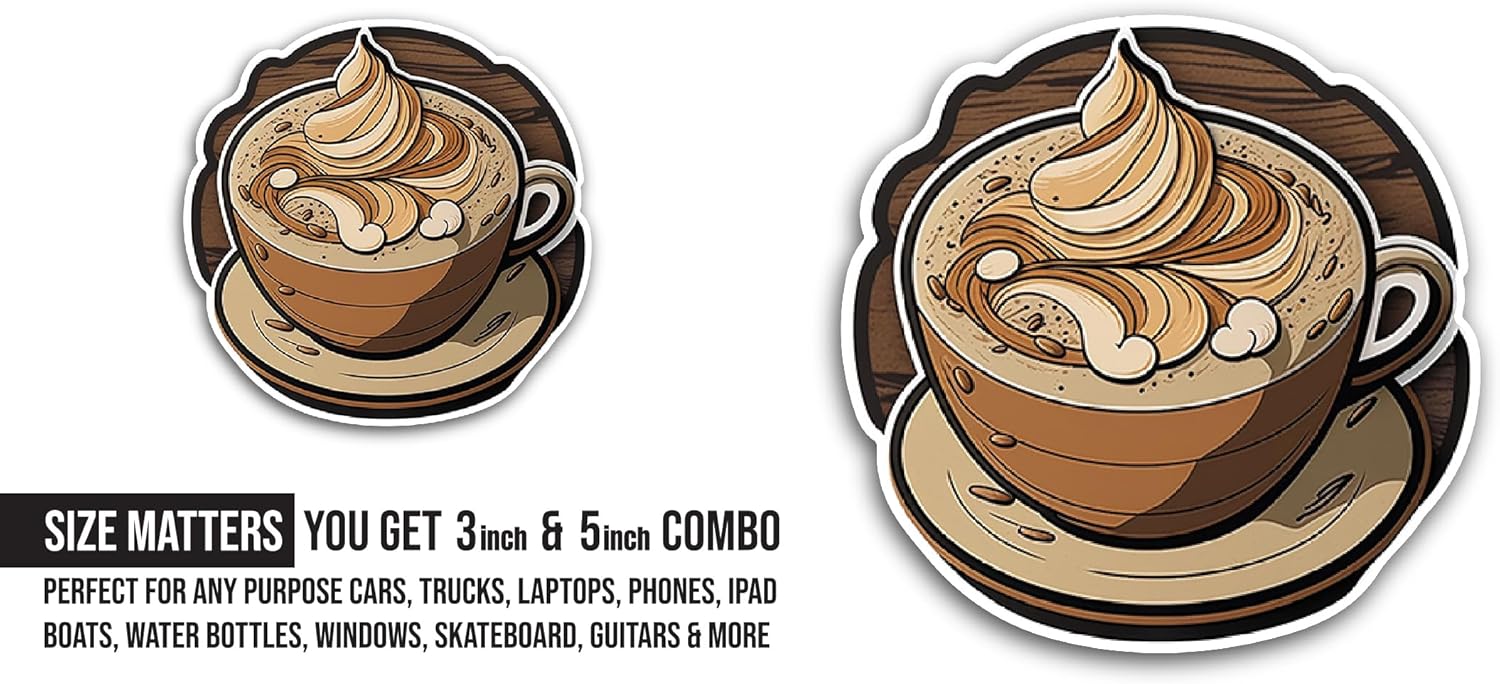 2 (Pieces) 3" and 5" Coffee Whipped Cream Sticker, Waterproof Vinyl Decals for Many Purpose Like Cars, Trucks, Laptops, Phones, Windows and More