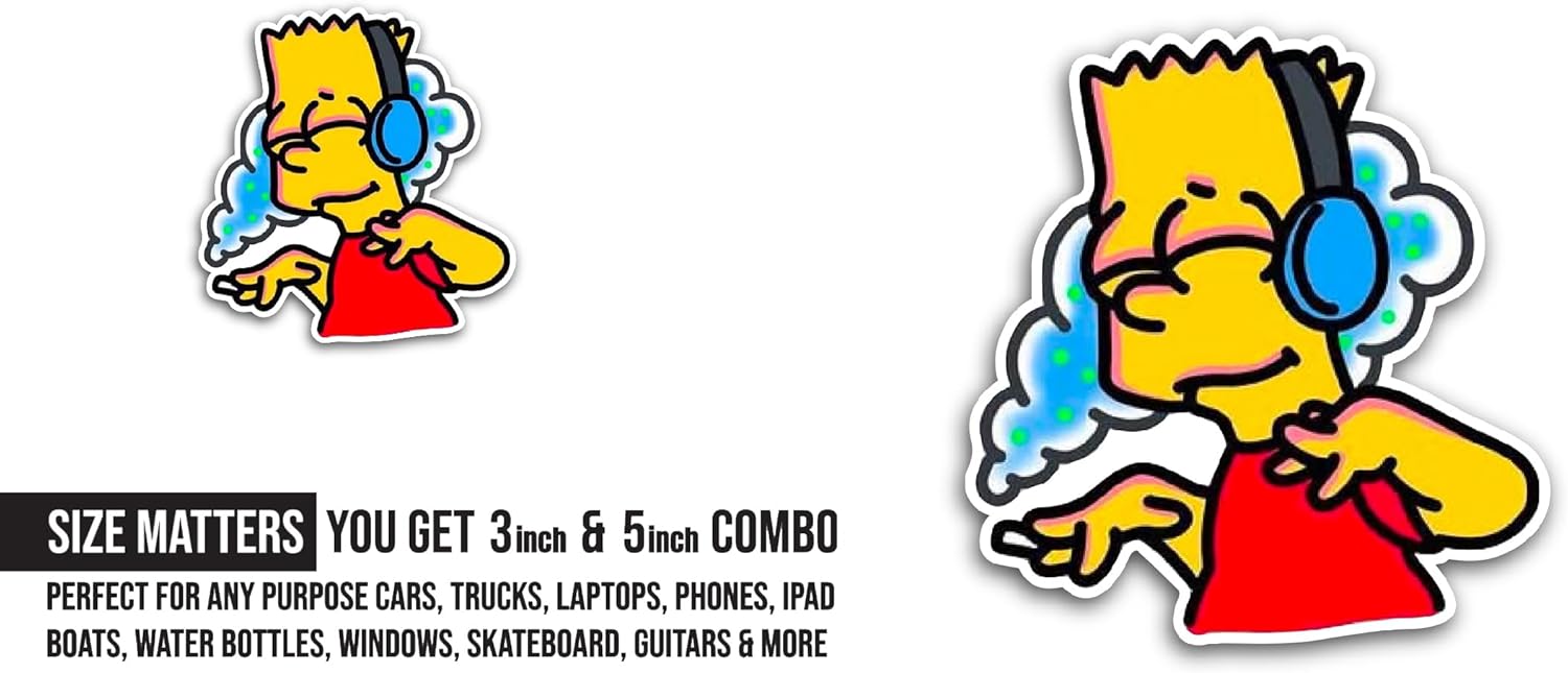 2 (Pieces) 3" and 5" Simps0n in Headphones Sticker, Waterproof Vinyl Decals for Many Purpose Like Cars, Trucks, Laptops, Phones, Windows and More