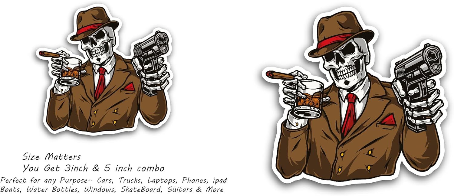 2 (Pieces) 3" and 5" Skeleton Gangster Sticker, Waterproof Vinyl Decals for Many Purpose Like Cars, Trucks, Laptops, Phones, Windows and More