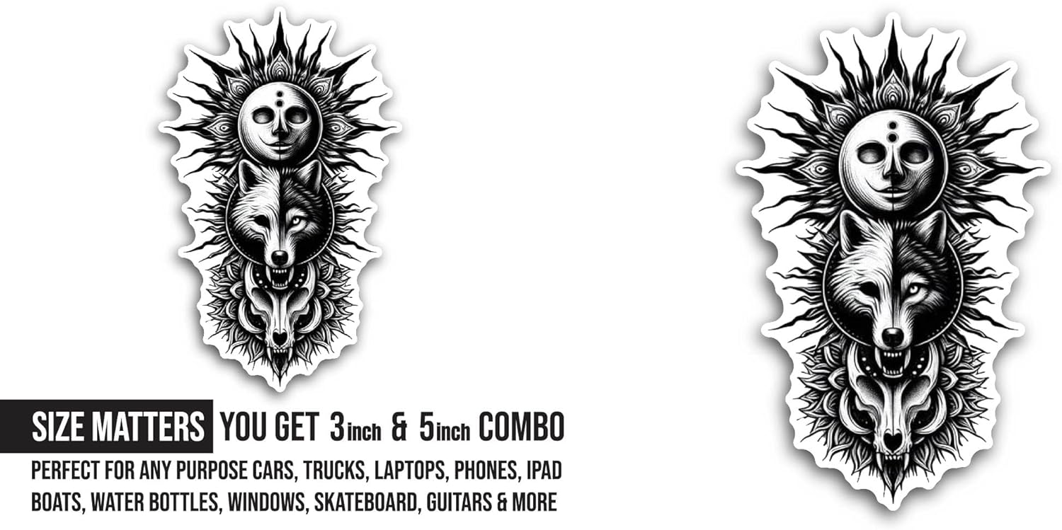 2 (Pieces) 3" and 5" Wolf Face Sticker, Waterproof Vinyl Decals for Many Purpose Like Cars, Trucks, Laptops, Phones, Windows and More