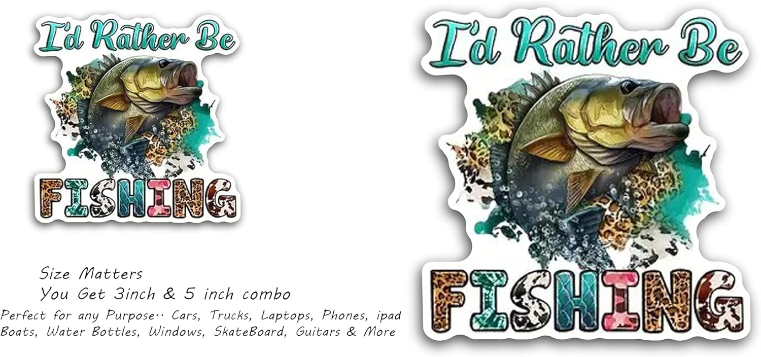 2 (Pieces) 3" and 5" I'd Rather be Fishing Message Decal Sticker, Waterproof Vinyl Decals for Many Purpose Like Cars, Trucks, Laptops, Phones, Windows and More