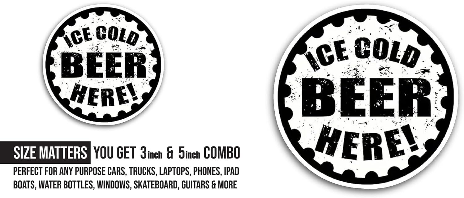 2 (Pieces) 3" and 5" Ice Cold Beer Sticker, Waterproof Vinyl Decals for Many Purpose Like Cars, Trucks, Laptops, Phones, Windows and More
