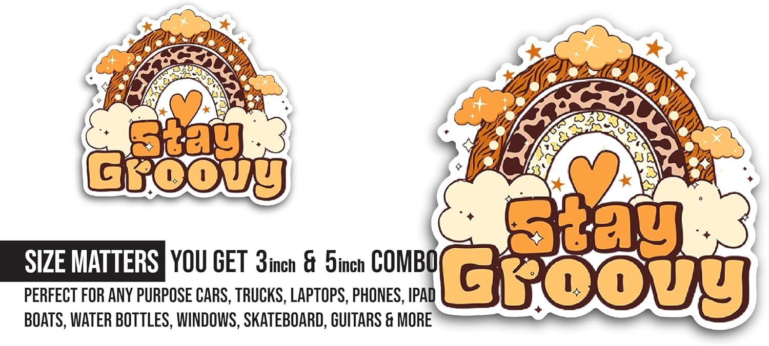 2 (Pieces) 3" and 5" Stay Groovy Text Sticker, Waterproof Vinyl Decals for Many Purpose Like Cars, Trucks, Laptops, Phones, Windows and More