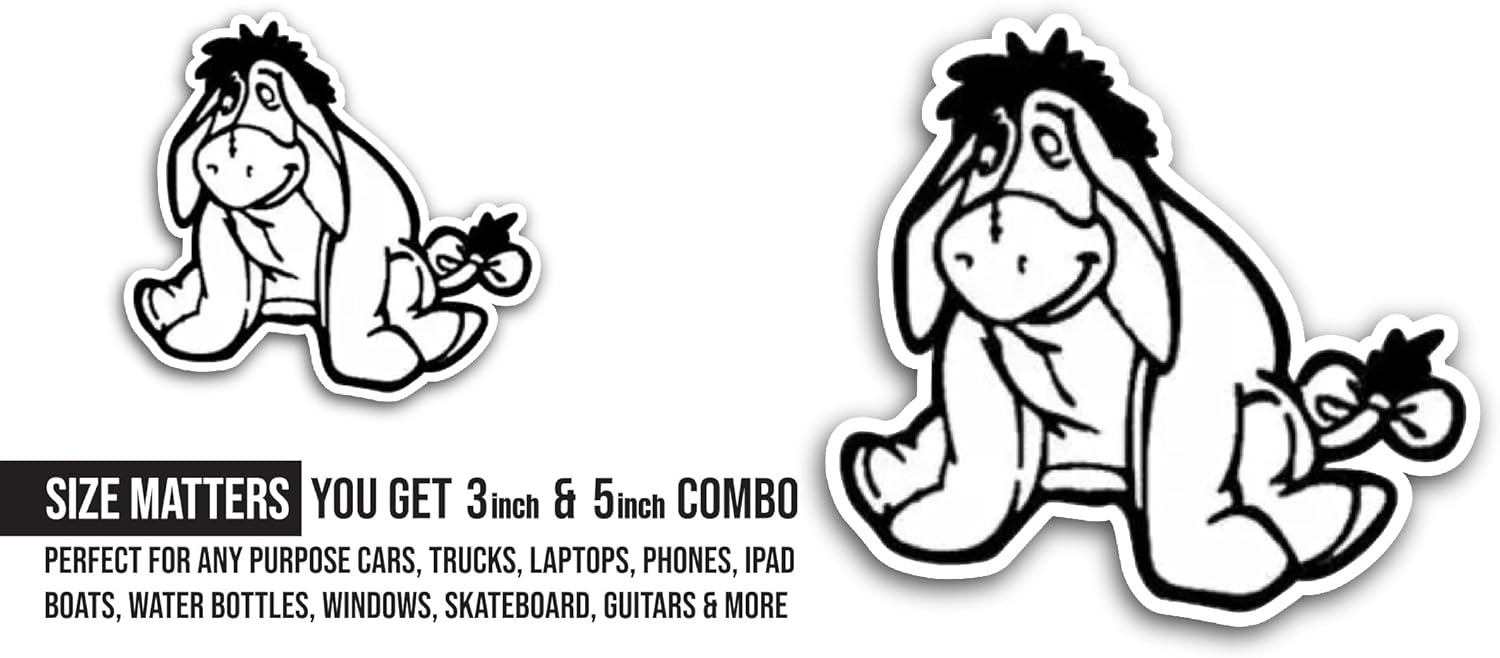2 (Pieces) 3" and 5" Cute Donkey Sticker, Waterproof Vinyl Decals for Many Purpose Like Cars, Trucks, Laptops, Phones, Windows and More