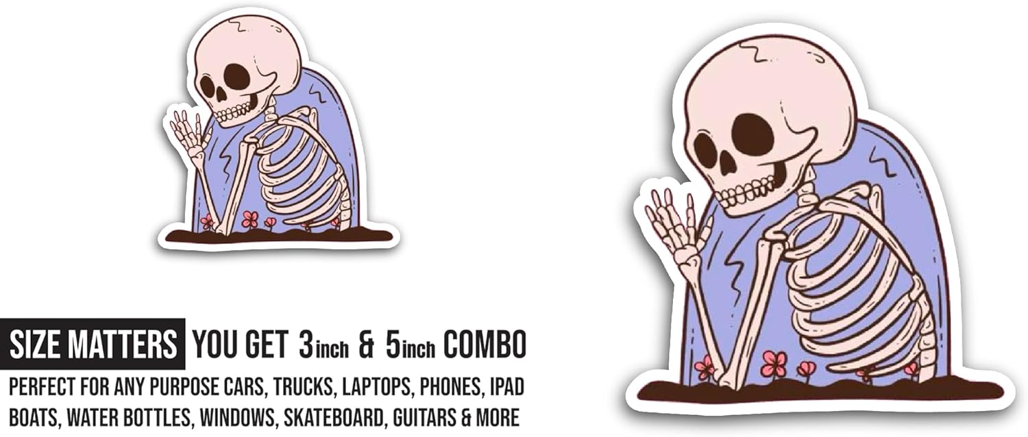 2 (Pieces) 3" and 5" Halloween Cute Skeleton Sticker, Waterproof Vinyl Decals for Many Purpose Like Cars, Trucks, Laptops, Phones, Windows and More
