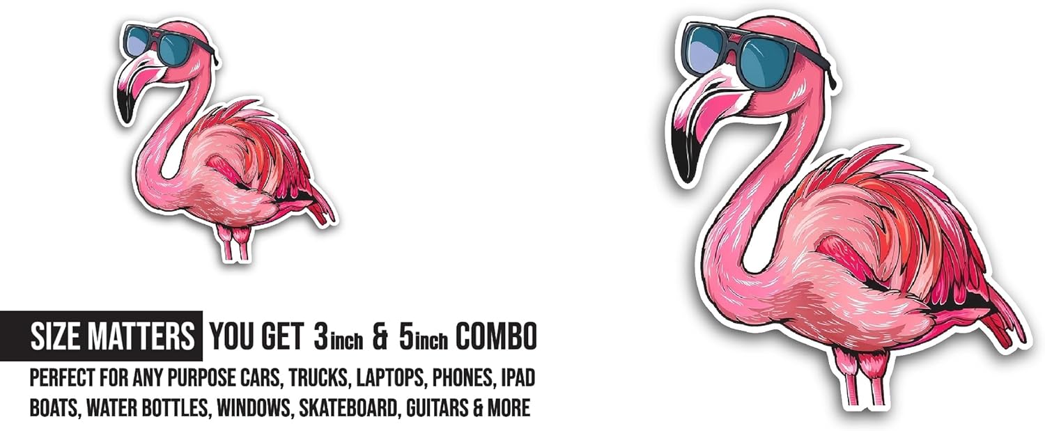 2 (Pieces) 3" and 5" Flamingo with Sunglasses Sticker, Waterproof Vinyl Decals for Many Purpose Like Cars, Trucks, Laptops, Phones, Windows and More