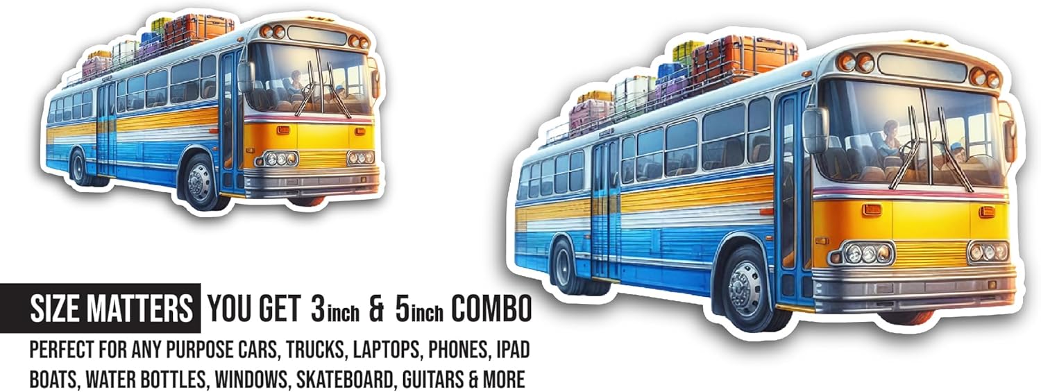 2 (Pieces) 3" and 5" Vintage Bus Sticker, Waterproof Vinyl Decals for Many Purpose Like Cars, Trucks, Laptops, Phones, Windows and More