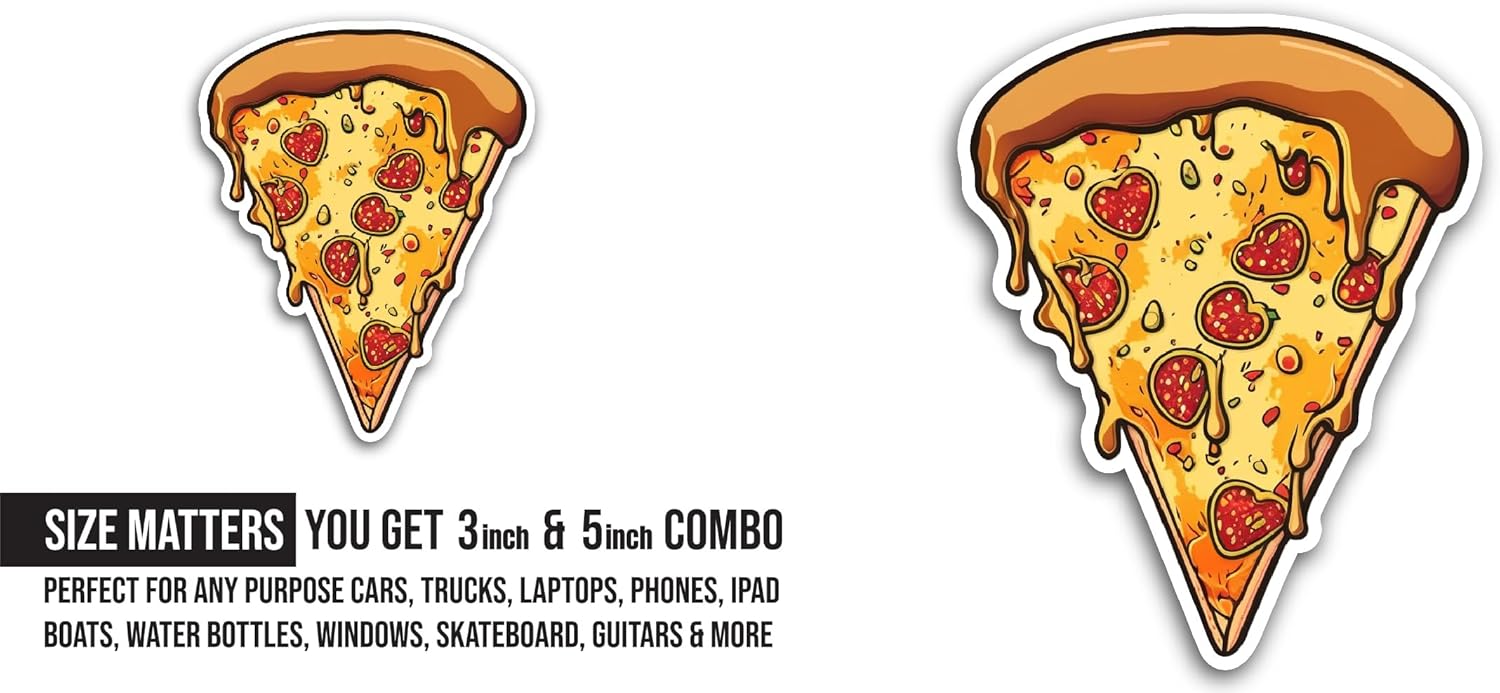 2 (Pieces) 3" and 5" Melting Peperoni Pizza Sticker, Waterproof Vinyl Decals for Many Purpose Like Cars, Trucks, Laptops, Phones, Windows and More