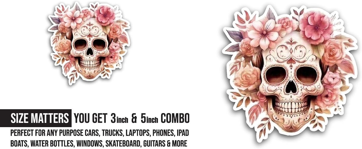 2 (Pieces) 3" and 5" Skull with Orchids Sticker, Waterproof Vinyl Decals for Many Purpose Like Cars, Trucks, Laptops, Phones, Windows and More