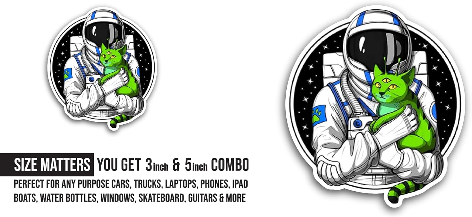 2 (Pieces) 3" and 5" Space Astronaut Alien Cat Sticker, Waterproof Vinyl Decals for Many Purpose Like Cars, Trucks, Laptops, Phones, Windows and More
