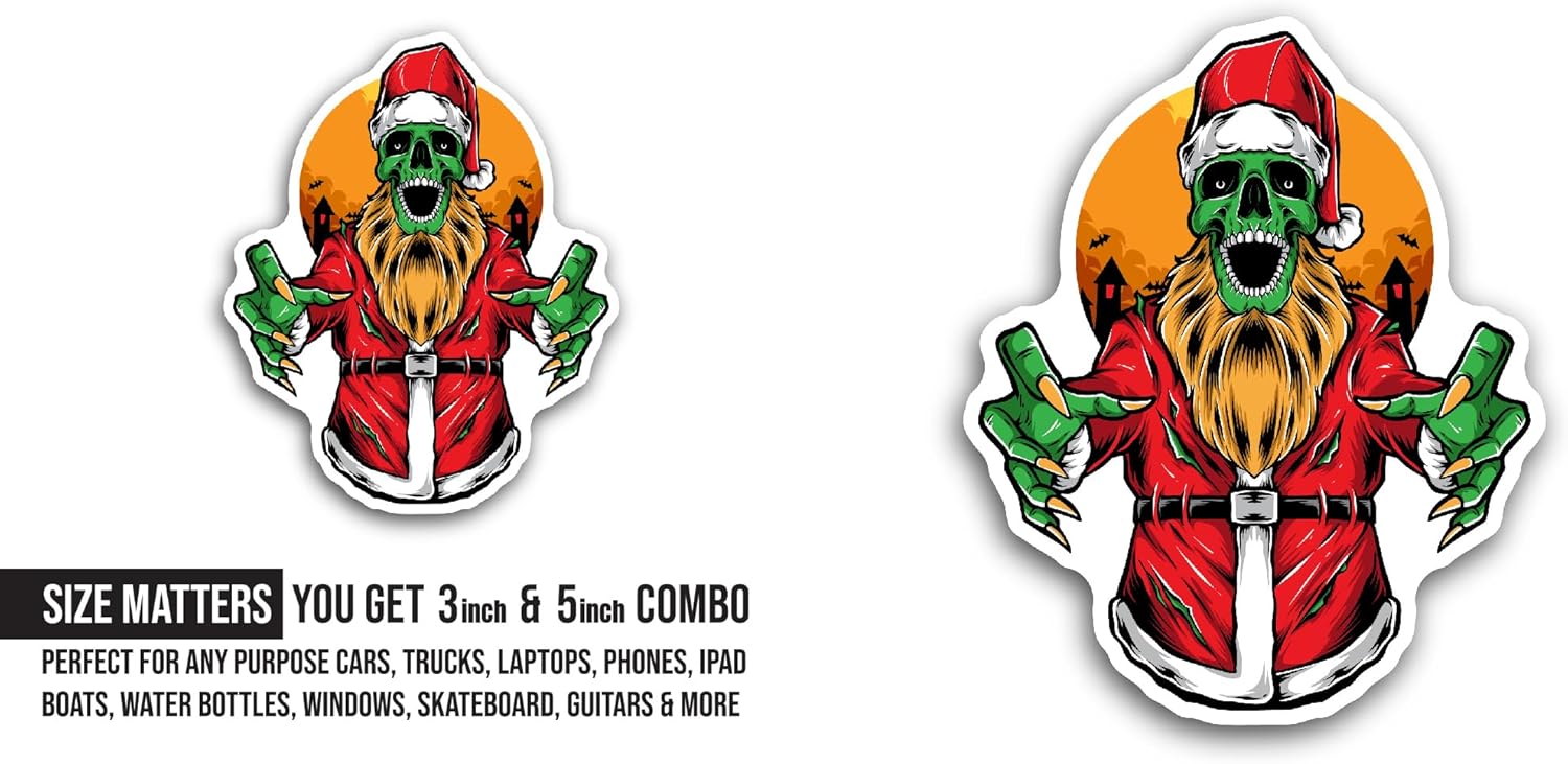 2 (Pieces) 3" and 5" Scary Zombie Santa Sticker, Waterproof Vinyl Decals for Many Purpose Like Cars, Trucks, Laptops, Phones, Windows and More