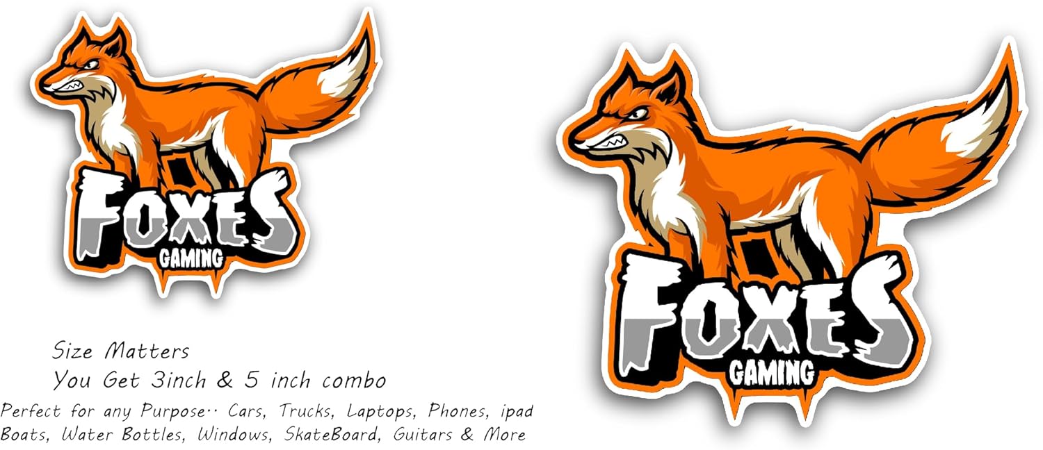 2 (Pieces) 3" and 5" Foxes Gaming Logo Sticker, Waterproof Vinyl Decals for Many Purpose Like Cars, Trucks, Laptops, Phones, Windows and More