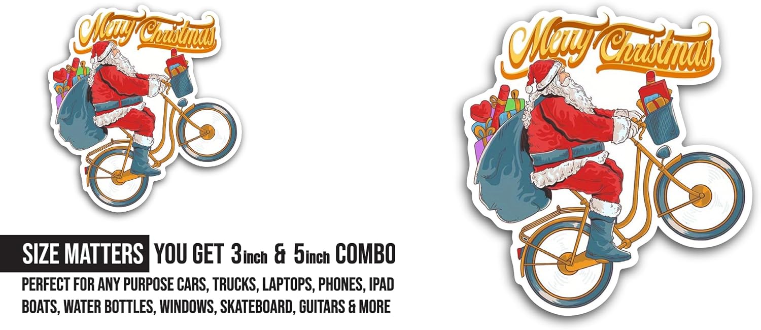 2 (Pieces) 3" and 5" Santa Claus Riding A Bicycle Sticker, Waterproof Vinyl Decals for Many Purpose Like Cars, Trucks, Laptops, Phones, Windows and More