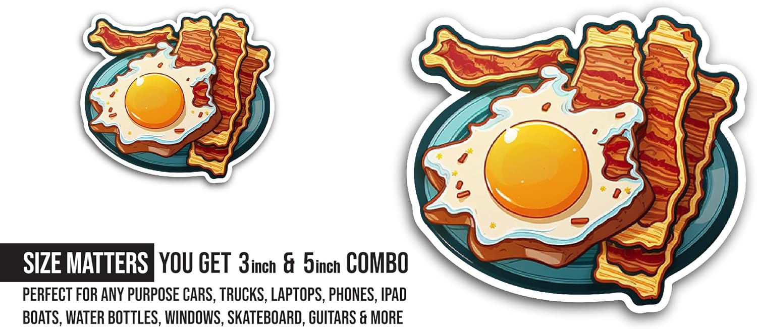 2 (Pieces) 3" and 5" Egg and Bacon Sticker, Waterproof Vinyl Decals for Many Purpose Like Cars, Trucks, Laptops, Phones, Windows and More