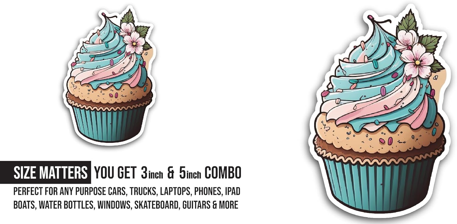 2 (Pieces) 3" and 5" Colorful Cupcake Sticker, Waterproof Vinyl Decals for Many Purpose Like Cars, Trucks, Laptops, Phones, Windows and More