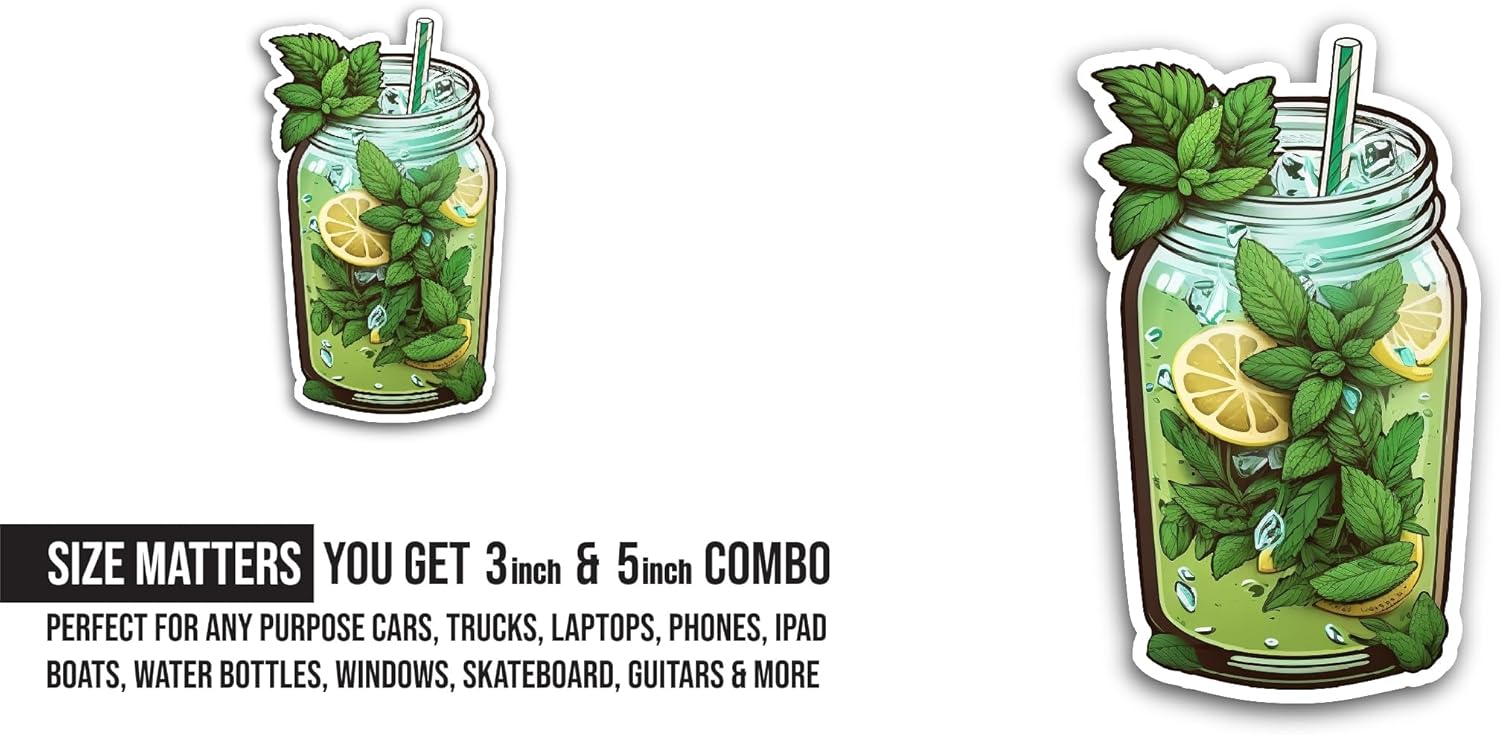 2 (Pieces) 3" and 5" Lemonade with Basil and Mint Sticker, Waterproof Vinyl Decals for Many Purpose Like Cars, Trucks, Laptops, Phones, Windows and More