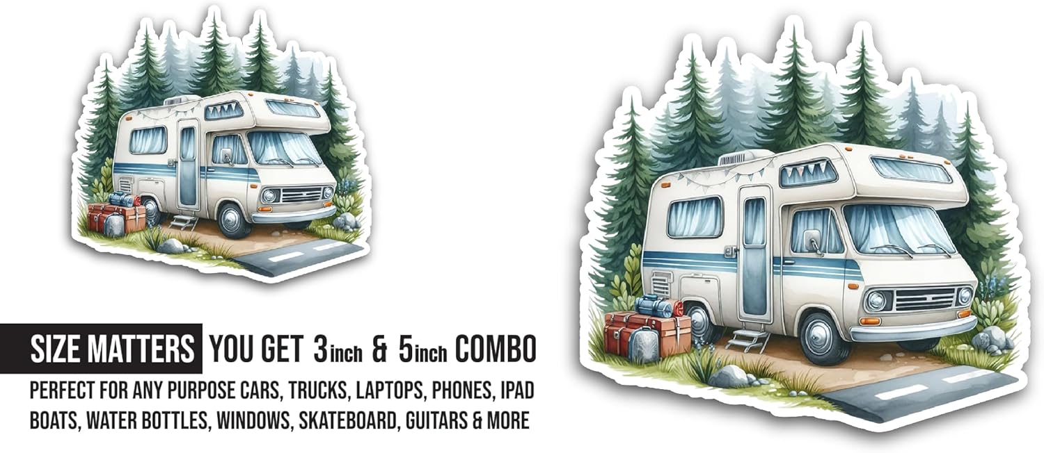 2 (Pieces) 3" and 5" Camper Van Sticker, Waterproof Vinyl Decals for Many Purpose Like Cars, Trucks, Laptops, Phones, Windows and More