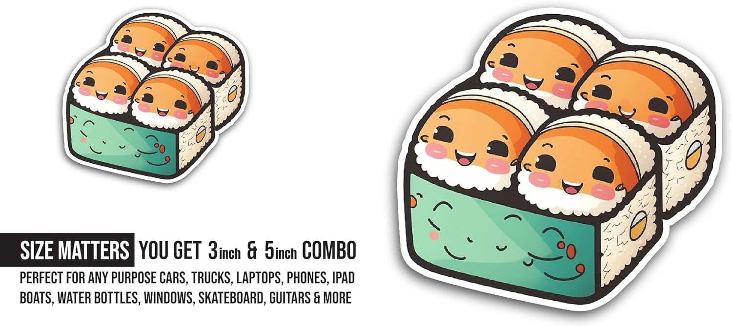 2 (Pieces) 3" and 5" Cute Sushi Rollers Sticker, Waterproof Vinyl Decals for Many Purpose Like Cars, Trucks, Laptops, Phones, Windows and More